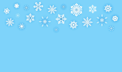 Blue winter sky background with white snowflakes. Christmas vector frame and copy space. Holiday backdrop for banner, card, advertisement. Ornate snowflake border. Bright Xmas background.