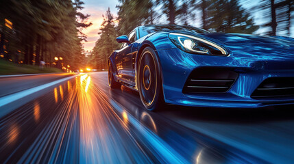 Fast blue sports car speeding through glowing city streets at night, dynamic motion blur, luxury vehicle, futuristic urban race, night driving, fast speed, motion, technology, high-performance
