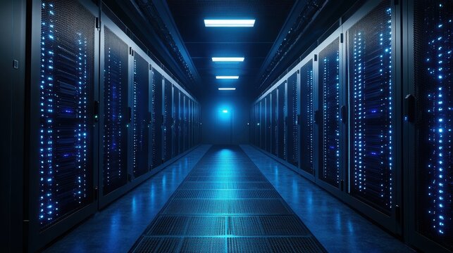 Modern data server room with glowing blue lights, futuristic technology infrastructure, secure data storage, server racks, cloud computing, data center, internet, technology, cybersecurity