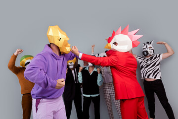 Photo of zebra raccoon lion panda sloth mask people gorilla rooster fight isolated on grey color...