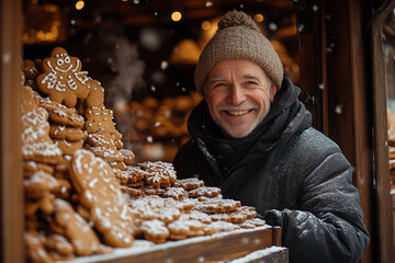 A baker at a Christmas market booth, preparing fresh gingerbread cookies, steam rising from a warm oven, soft snowfall in the background.