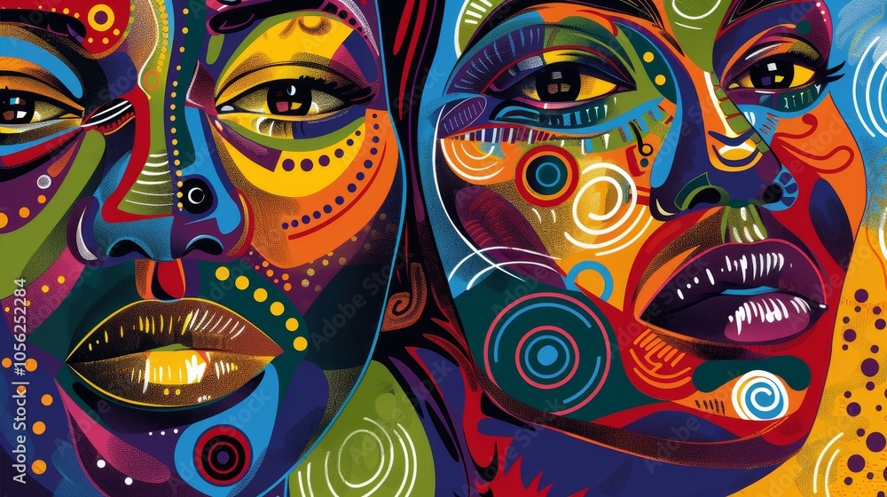 Aufkleber a vivid and colorful representation of two faces adorned with geometric patterns, capturing the beau