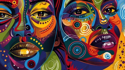 A vivid and colorful representation of two faces adorned with geometric patterns, capturing the beauty of abstract art and the diversity of human expression.