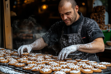 A baker at a Christmas market booth, preparing fresh gingerbread cookies, soft snowfall in the background.