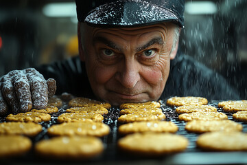 A baker at a Christmas market stall, preparing fresh gingerbread cookies. He looks straight into the camera. Gentle snowfall in the background.