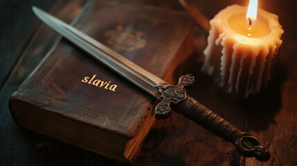 sword on old book with title "slavia" next to burning candle on brown table