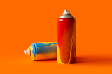 Spray paint cans on orange background