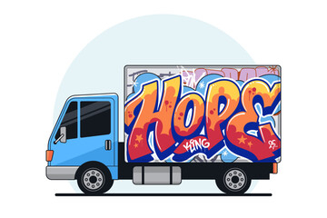 Cartoon truck covered in graffiti. Graffiti on transport. Isolated on white background. Ideal for t-shirt print, wallpaper design, backdrop, etc. Vector illustration