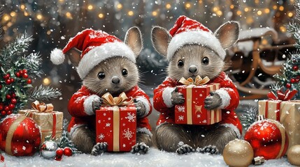 A charming holiday scene featuring two cute mice dressed in festive Santa hats and red coats, holding wrapped Christmas gifts. 
