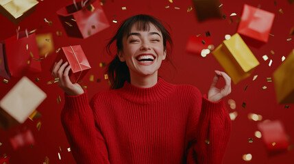 Happy woman in red sweater on red background catches one of gifts flying around her. Black Friday, Christmas sale