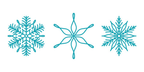 Beautiful snowflakes set, detailed hand drawn flat vector line illustration. Graphic outline drawing. Christmas and New Year symbol. Unique snowflake silhouette icon for frosty winter designs.