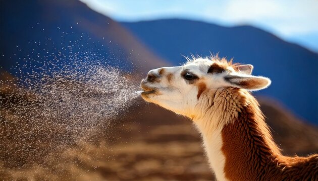 Crachat de lama sur fond de montagne aride