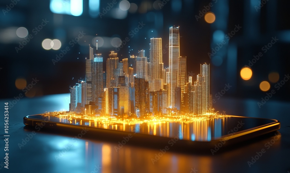 Poster a smartphone displaying a glowing 3d model of a city skyline, representing digital innovation and mo