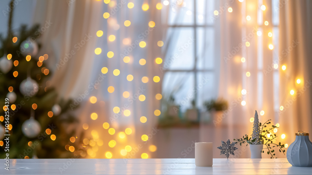 Aufkleber empty white stone marble table top and blurred abstract bokeh light banner background - can be used 