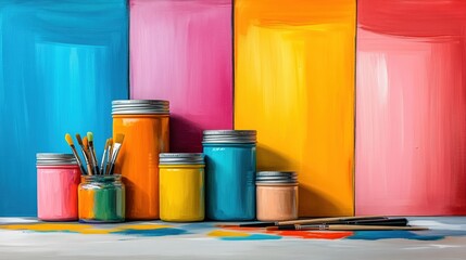 Colorful jars of paint and brushes create a vibrant artistic scene, AI