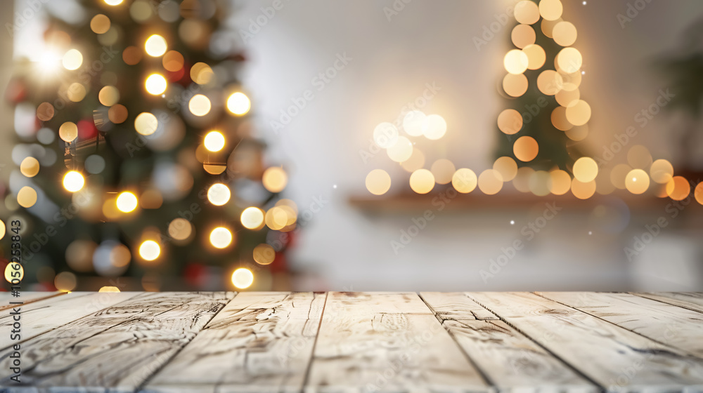 Poster empty white wool table top with abstract warm living room decor with christmas tree string light blu