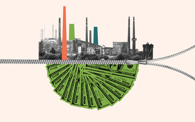 Industrial landscape with symbols of financial growth