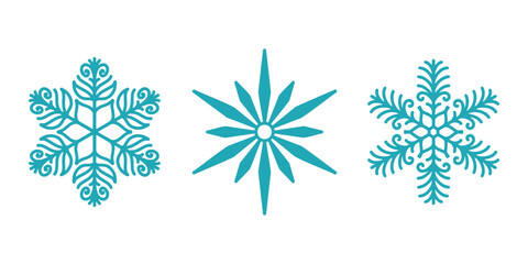 Beautiful snowflakes set, detailed hand drawn flat vector line illustration. Graphic outline drawing. Christmas and New Year symbol. Unique snowflake silhouette icon for frosty winter designs.