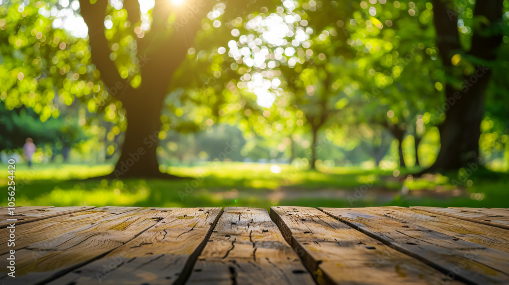 Poster empty wood table top and blurred green tree in the park garden background - can be used for display 