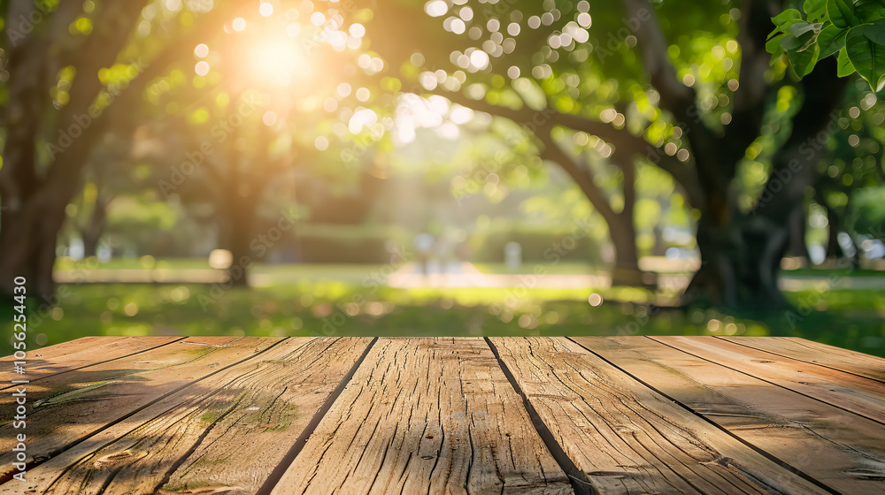 Poster empty wood table top and blurred green tree in the park garden background - can be used for display 