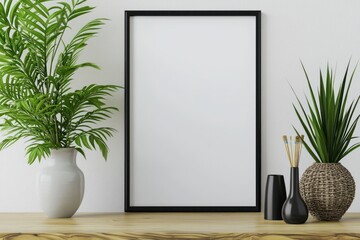 Blank frame on a white wall mock-up, featuring a vertical black poster frame isolated for picture or photo frame display
