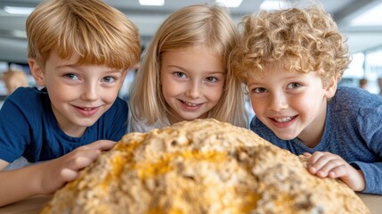 Three children excitedly examine a large, textured rock in a bright classroom setting, AI - Powered by Adobe