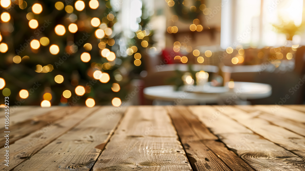 Poster empty wooden table top with abstract warm living room decor with christmas tree string light blur ba