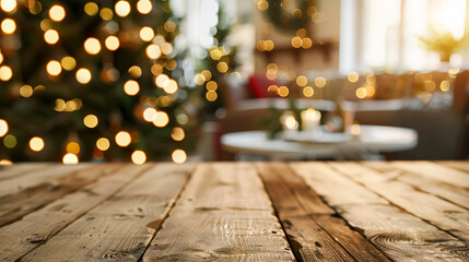 Empty wooden table top with abstract warm living room decor with Christmas tree string light blur background with snow. Holiday backdrop. Mock-up banner for display of advertise products