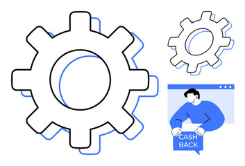 Large cogwheel with smaller cog inside emphasizes automation and efficiency. Man holds cashback message, tips of cogwheel suggest efficiency and management. Ideal for business, finance, automation
