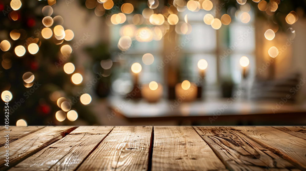 Poster empty wooden table top with abstract warm living room decor with christmas tree string light blur ba