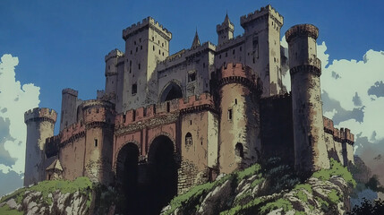 Obraz premium illustration of dark fantasy european medieval castle in style of old anime