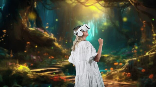 Impressive woman looking through VR in wonderland bokeh circle fall metaverse in wildflower stair forest fairytale getting fresh air in meta fantasy jungle natural imaginary creativity. Contraption.