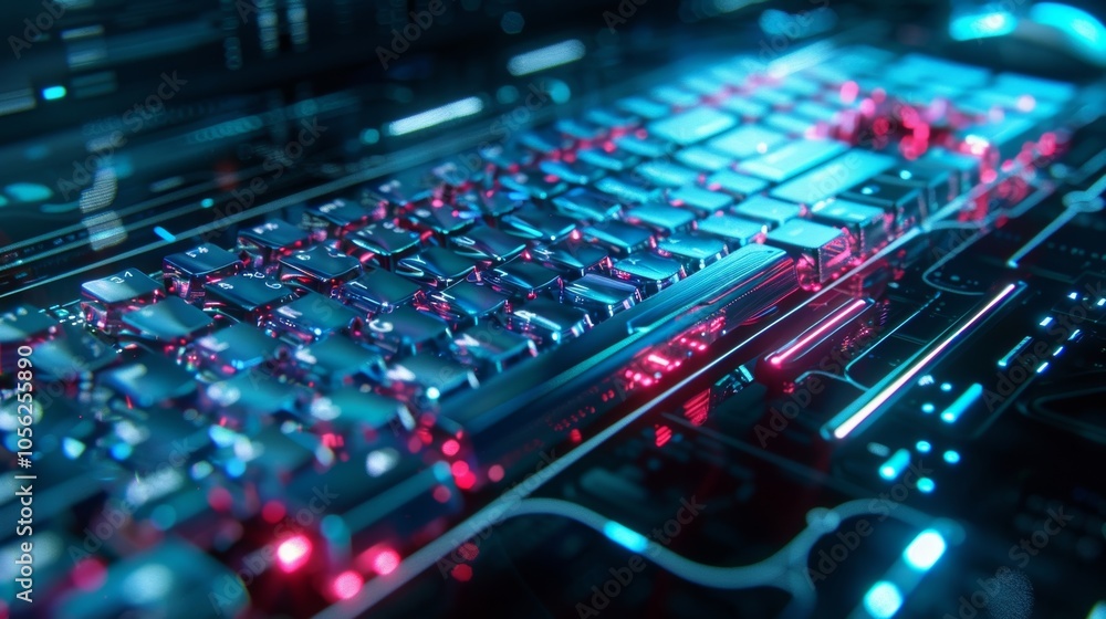 Poster A closeup of a keyboard and mouse each with a futuristic design ready for use in the VR Lab.