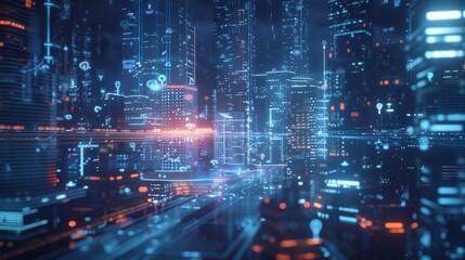 Fototapeta premium A bustling smart city with autonomous vehicles smart homes and connected devices all supported by 6G quantum computing infrastructure improving efficiency and connectivity.