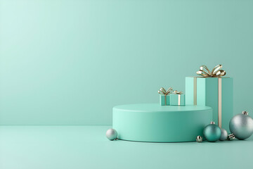 Elegant Mint Green Christmas Display with Pedestal, Gift Boxes, and Ornaments on Minimal Background