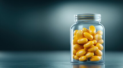 Yellow capsules in a clear jar against a dark background, AI