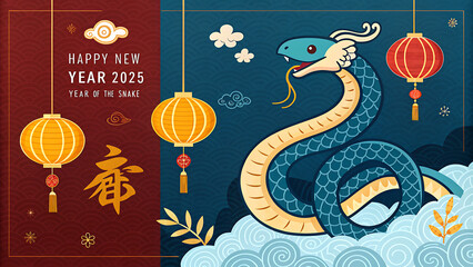 Chinese new year 2025 year of the Snake. Snake illustration and design. Red traditional Chinese vector designs with snakes. Lunar new year concept, geometric modern vector design
