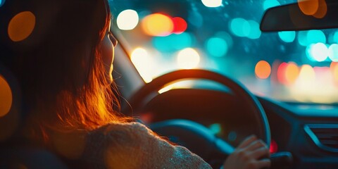 A woman driving at night captures the essence of urban life. The blurred lights create a dreamy atmosphere. This image reflects movement and freedom on the road. AI