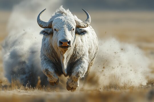 High-Resolution Cinematic Photo of a White Buffalo Charging Through the Desert with Dust and Smoke, Captured in Motion with Dramatic Lighting and Dynamic Composition


