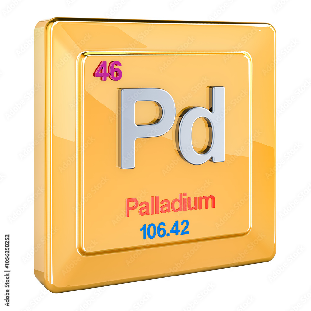 Poster palladium pd, chemical element sign with number 46 in periodic table. 3d rendering isolated on trans