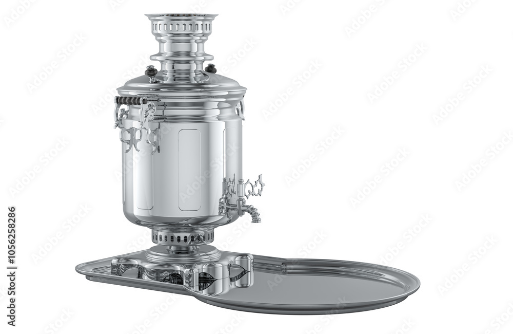 Poster samovar on a tray, 3d rendering isolated on transparent background
