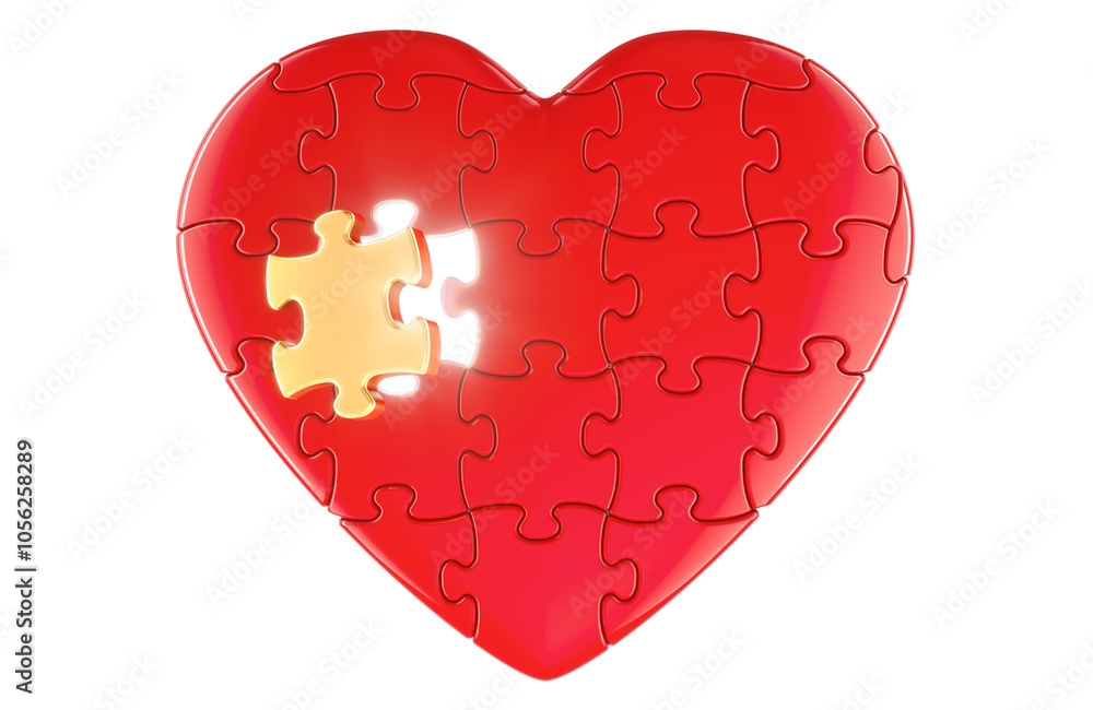 Poster red heart from puzzles without one gold piece with light inside, 3d rendering isolated on transparen