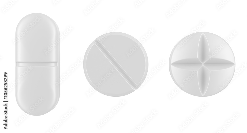 Aufkleber white pills, different types of tablets. 3d rendering isolated on transparent background