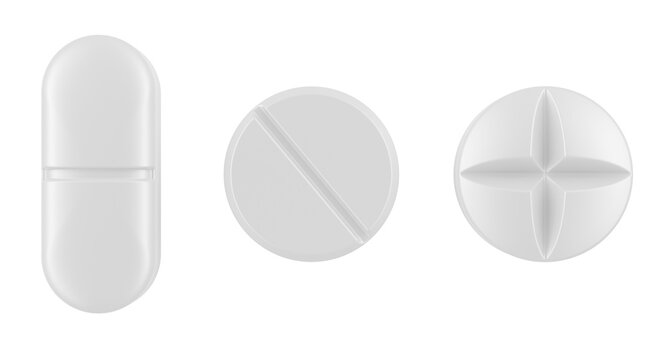 White pills, different types of tablets. 3D rendering isolated on transparent background