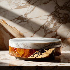 3D abstract round marble podium with shadows on the wall for product presentation. Cosmetic beauty products promotion rock pedestal. 3D illustration.