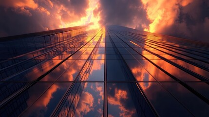 A striking image of a modern skyscraper housing a law firm, reflecting professionalism and ambition, captured at sunset,