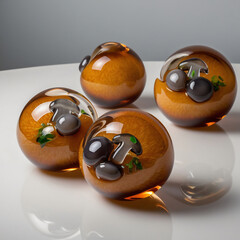 Elegant glass sculpture of mushroom risotto balls with rich golden tones and detailed glass...