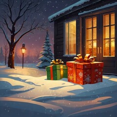  A beautifully wrapped Christmas gifts rests on the snowy doorstep, illuminated by a warm glow from inside, setting a welcoming holiday scene.