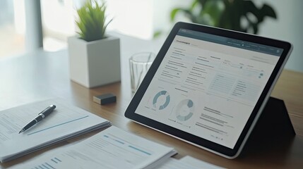 A stylish mockup of accounting software on a tablet, positioned next to printed reports and a stylish pen.