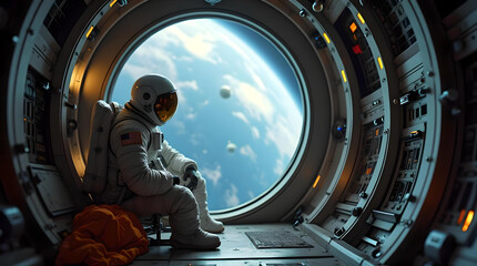 A space astronaut sitting inside a space rocket. Side profile. Generative ai
